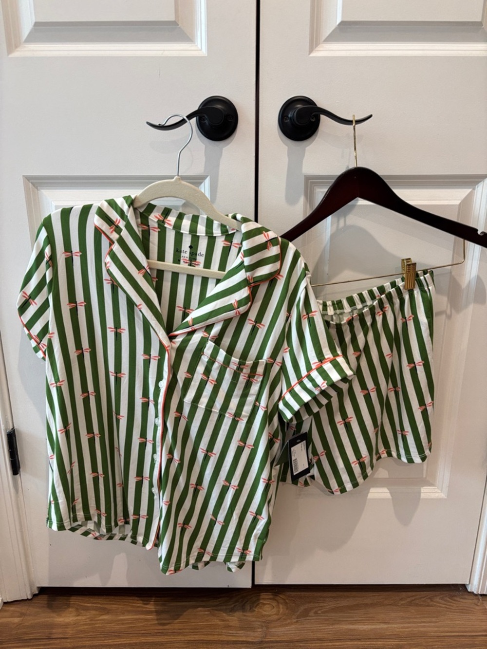 kate spade Green and White Striped Short Pajama Set with Coral Trim